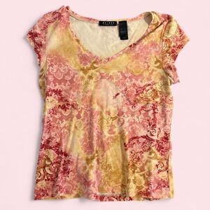 Y2K Floral Fitted Short Sleeve Top Yellow Pink Size S
